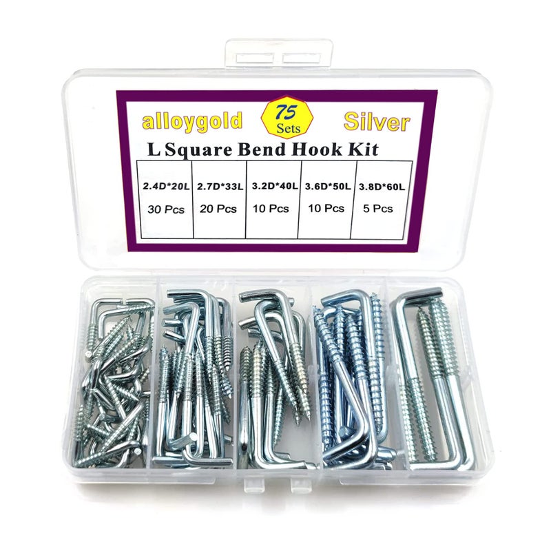 Alloygold 75 Pieces 5 Sizes Spiral in Square Bend Hook kit  Galvanized Square Bend Hook self Tapping Screw Hook for Home/Workplace/Office - Image 1